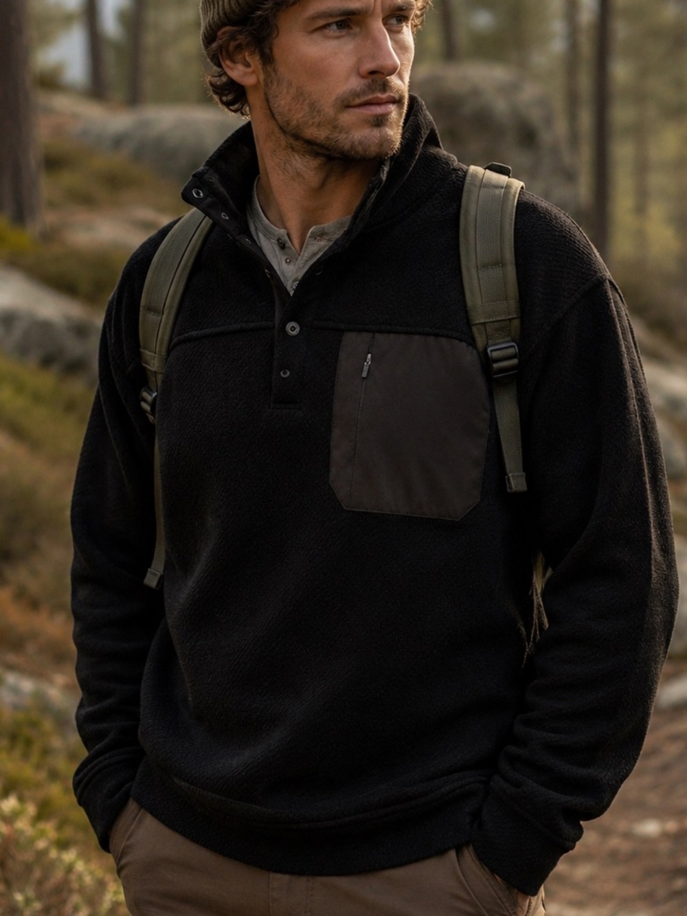 Pulse Black Fleece 1/4 Snap Pullover Jacket Chest Pocket Gorpcore Outdoor Hiking